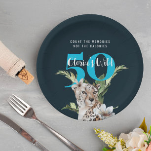 Wild Jungle Leopard Blue 50th Birthday Funny Paper Plates