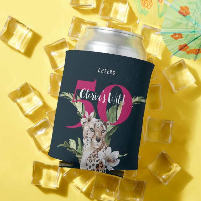 Wild Jungle Leopard Pink 50th Birthday  Can Cooler (In Situ Summer)