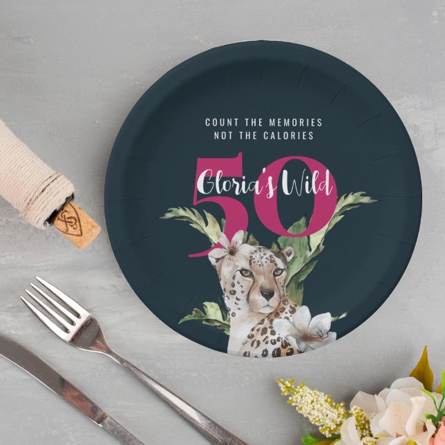 Wild Jungle Leopard Pink 50th Birthday Funny Paper Plates (Creator Uploaded)