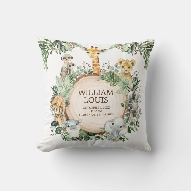 Wild Jungle Safari Animals Birth Stats Boy Nursery Throw Pillow (Front)