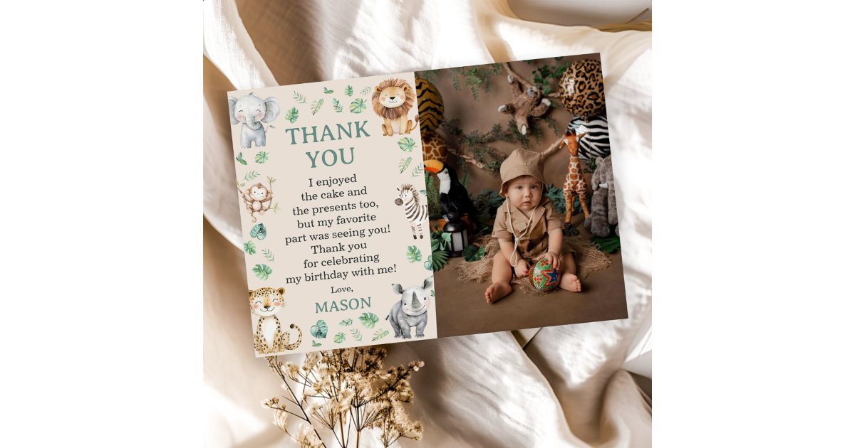 Wild Jungle Safari Animals Birthday Photo Thank You Card | Zazzle