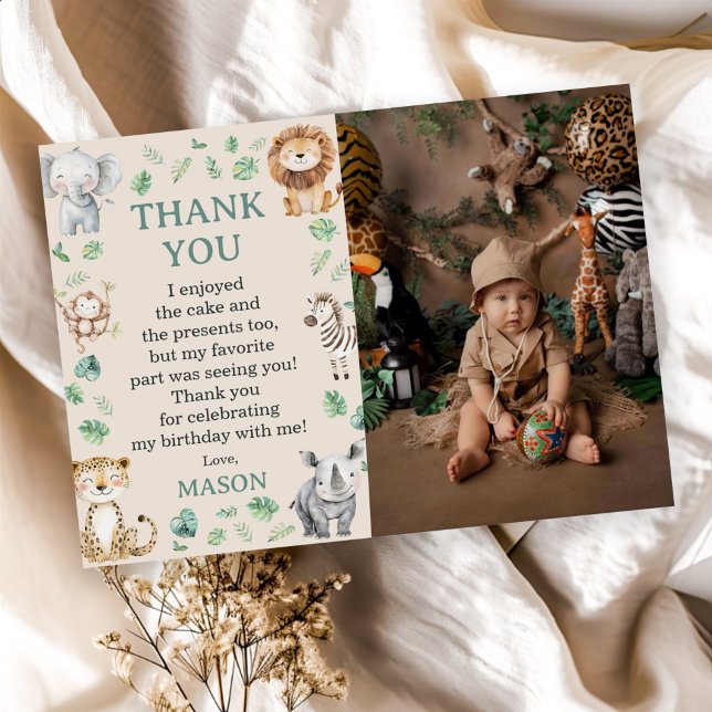 Wild Jungle Safari Animals Birthday Photo Thank You Card (Creator Uploaded)