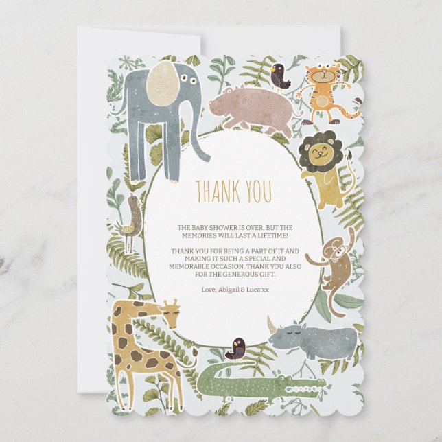 Wild Jungle Safari Animals Botanical Baby Shower Thank You Card (Back)