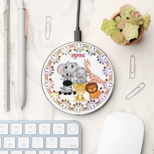 Wild Jungle Safari Baby Animals Crew Custom Name  Wireless Charger