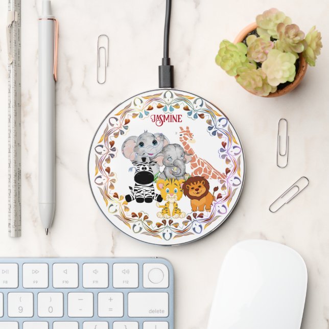 Wild Jungle Safari Baby Animals Crew Custom Name  Wireless Charger (Desk)