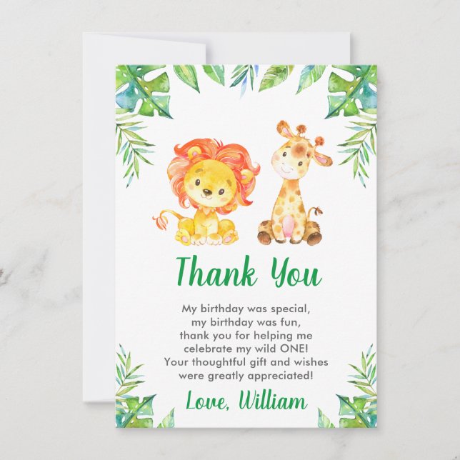 Wild Jungle Safari Boy 1st First Birthday Party Thank You Card (Front)