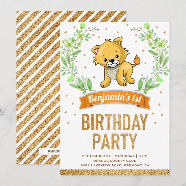 Wild Jungle Safari Cute Baby Lion Birthday Party Invitation (Front/Back)