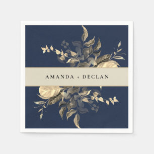 Wild Leaves Navy Blue Floral Wedding Napkins