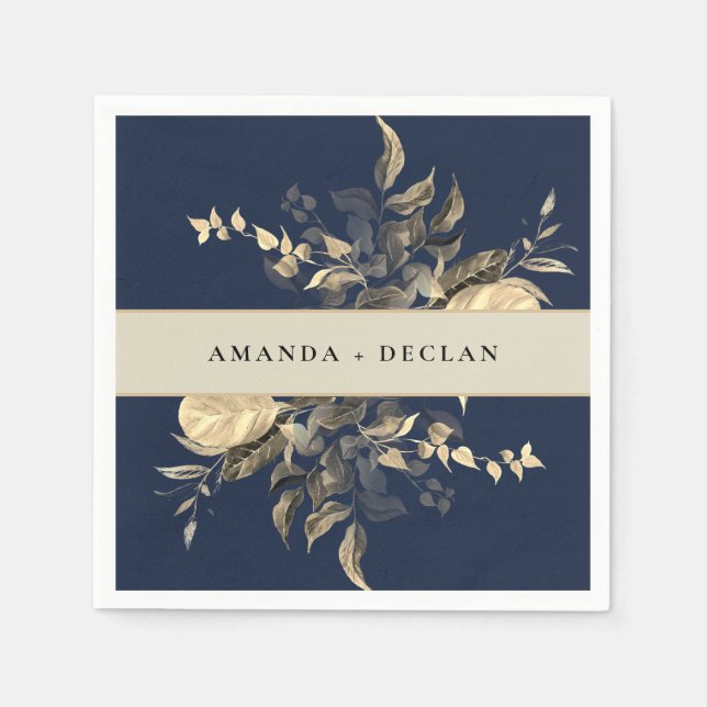 Wild Leaves Navy Blue Floral Wedding Napkins (Front)