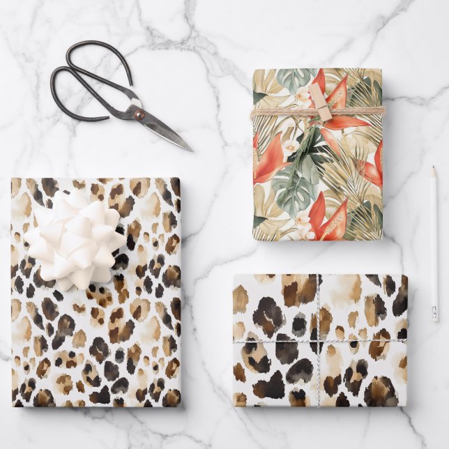 Wild Leopard Animal Floral Jungle Birthday Wrapping Paper Sheets (Front)