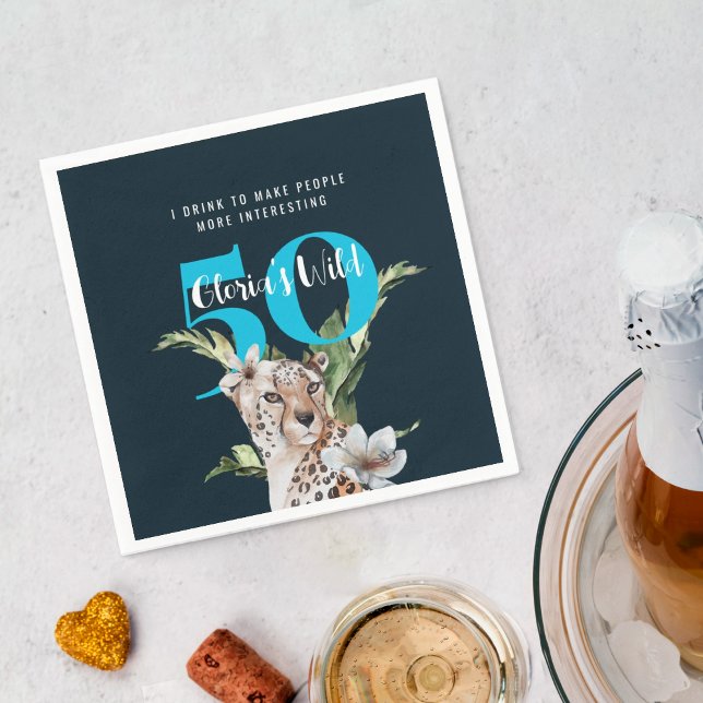 Wild Leopard Blue 50th Birthday Funny Napkins (Creator Uploaded)