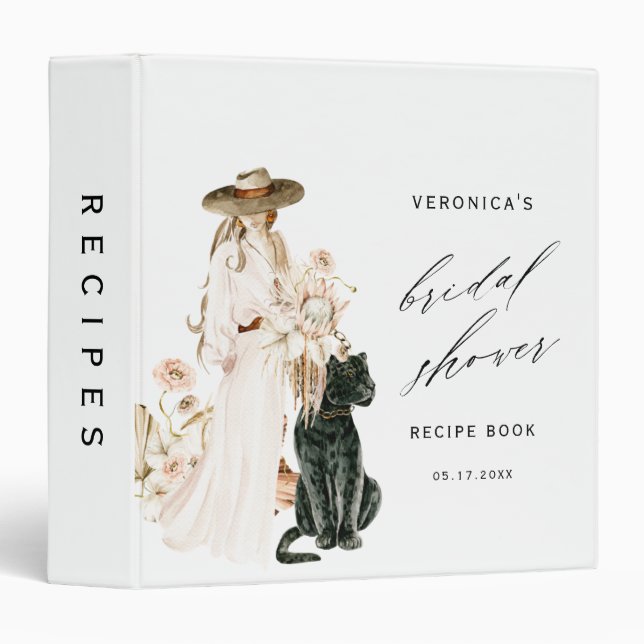 Wild Leopard Boho Lady Bridal Shower Recipe Book 3 Ring Binder (Front/Spine)