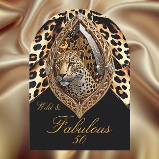Wild Leopard Face fabulous 50 Birthday Bow Jewel Invitation