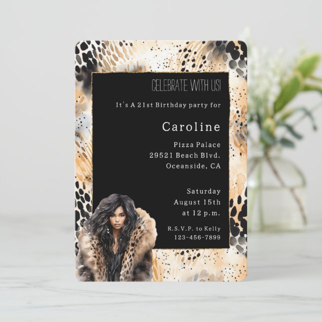 Wild Leopard Female Coat Animal Birthday   Invitation (Standing Front)