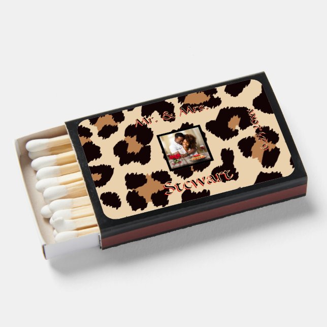 Wild Leopard Print Names Date Photo Celebration Matchboxes (Front Open)