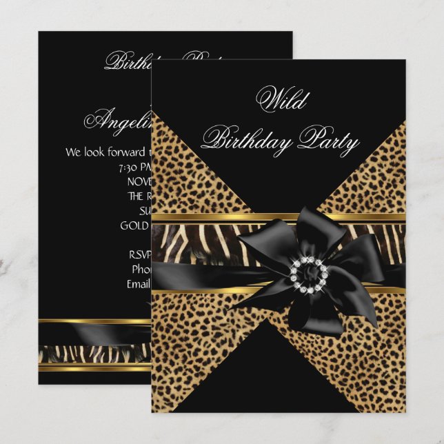 Wild Leopard Zebra Black Bow Gold Birthday Party Invitation (Front/Back)