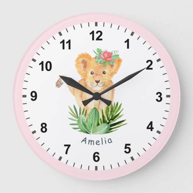 Wild Lion Cub Fun Jungle Safari Girl's Room Decor Large Clock (Front)