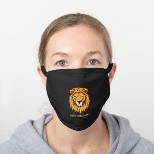 Wild lion drawing and save wildlife text black cotton face mask