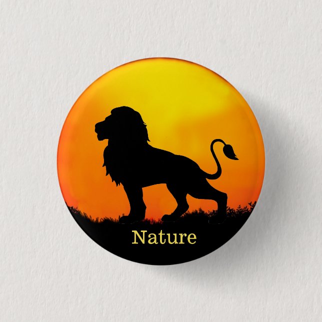 Wild lion, sunrise & calligraphy on a jungle button (Front)