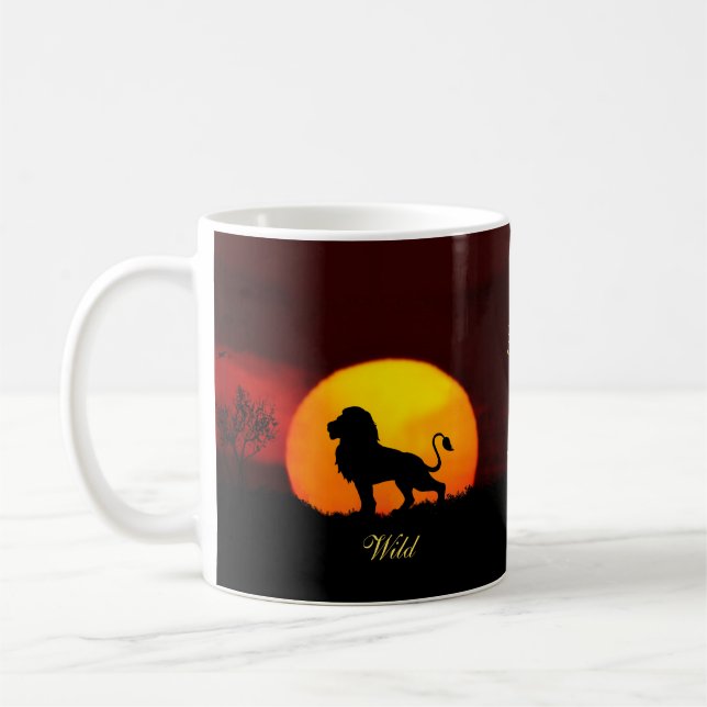 Wild lion, sunrise & calligraphy on a jungle coffee mug (Left)