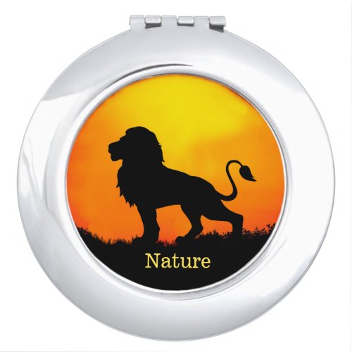 Wild lion sunrise  calligraphy on a jungle compact mirror