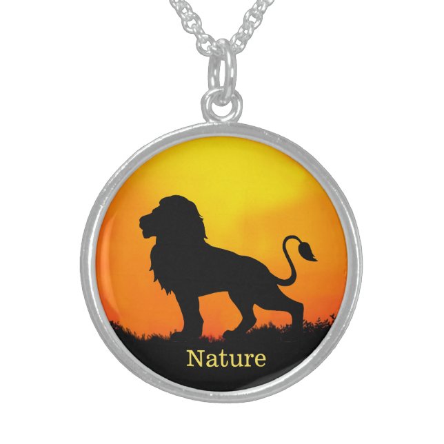 Wild lion, sunrise & calligraphy on a jungle sterling silver necklace (Front)