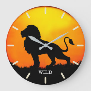 Wild lion & sunrise on a jungle large clock