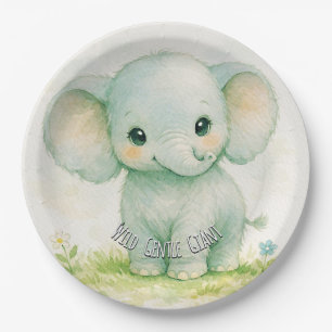 Wild Little Elephant Neutral Green Baby Shower Paper Plates