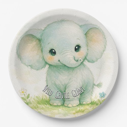 Wild Little Elephant Neutral Green Baby Shower Paper Plates