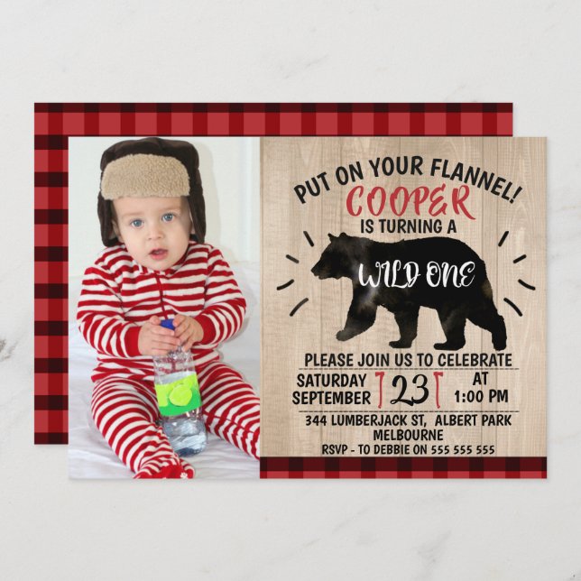 Wild Lumberjack Bear 1st Birthday Invitation (Front/Back)