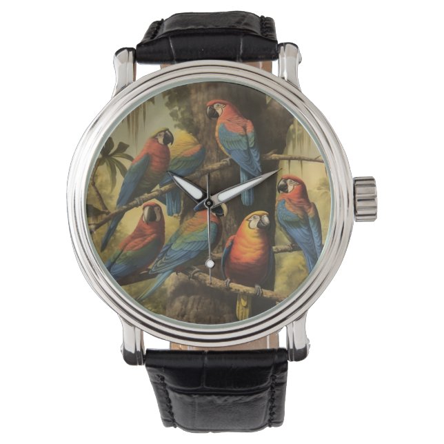 Wild Macaw Colony Emerald Jungle Foliage Wrist  Watch (Front)