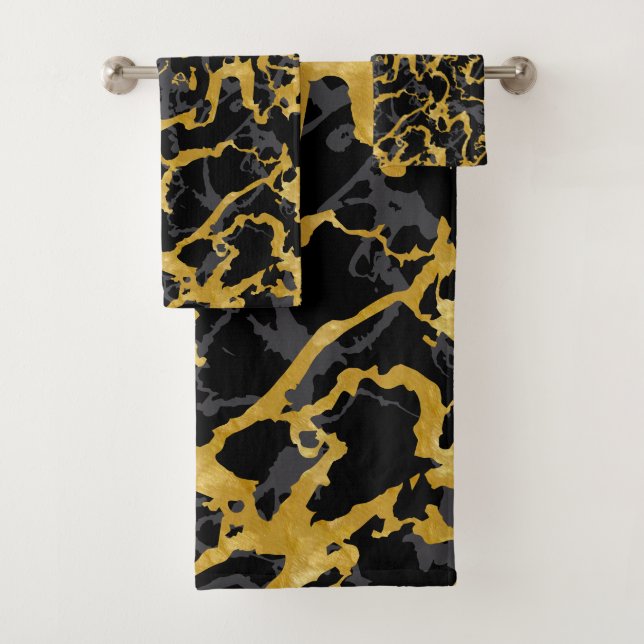 Wild Marble 8 - Black and Gold,Grey Bath Towel Set (Insitu)