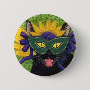 Wild Mardi Gras Cat Party New Orleans Mask Art But Button
