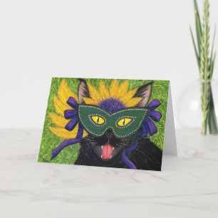 Wild Mardi Gras Cat Party New Orleans Mask Art Car Card