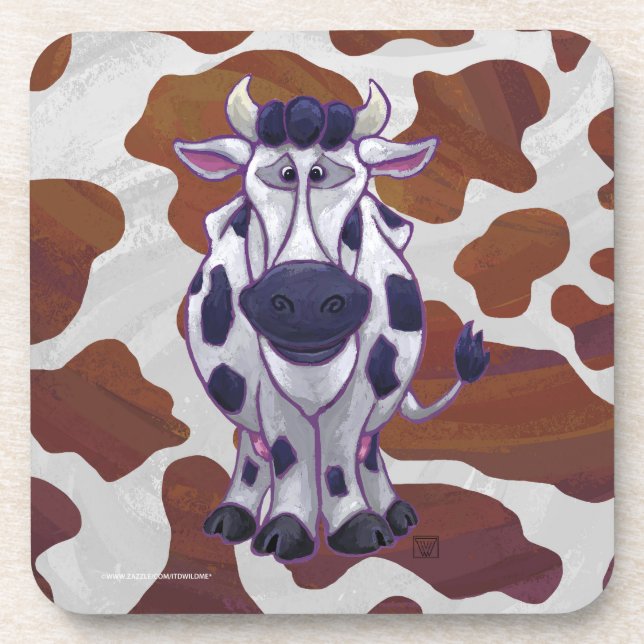 Wild me Cow Brown and White Print Beverage Coaster (Front)