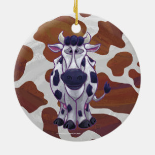 Wild me Cow Brown and White Print Ceramic Ornament