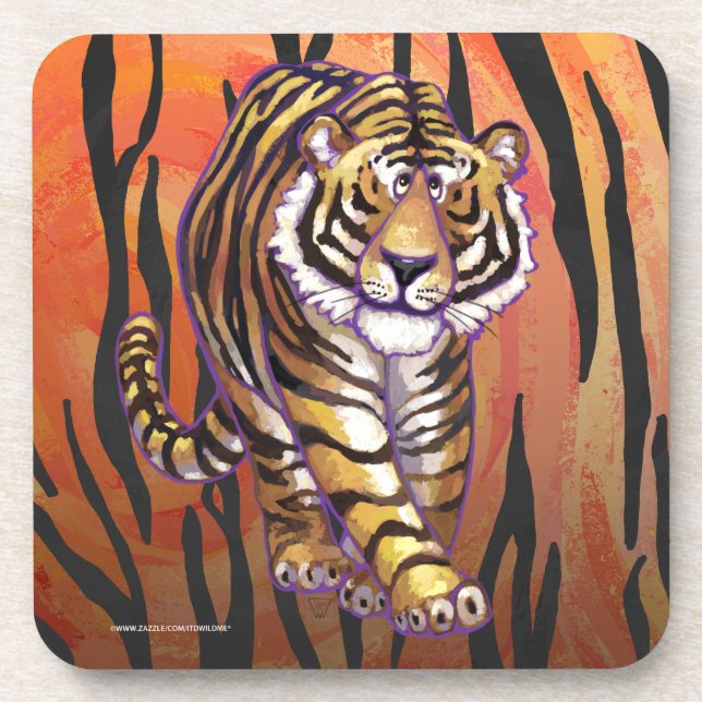 Wild Me Tiger Hot orange and Black Print Drink Coaster (Front)