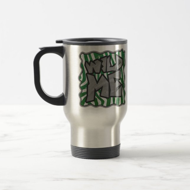 Wild Me Zebra Green and White Travel Mug (Left)