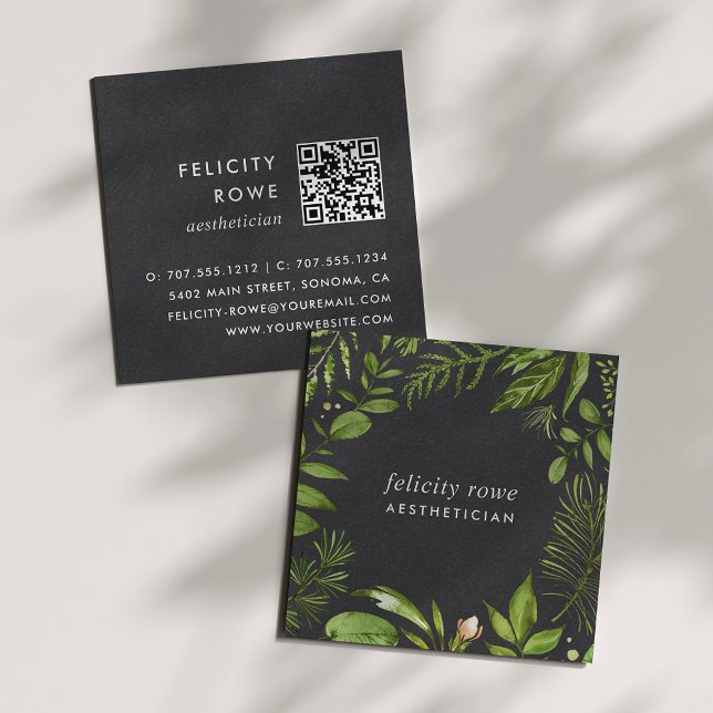 Wild Meadow | Black Botanical Frame QR Code Square Business Card (Creator Uploaded)