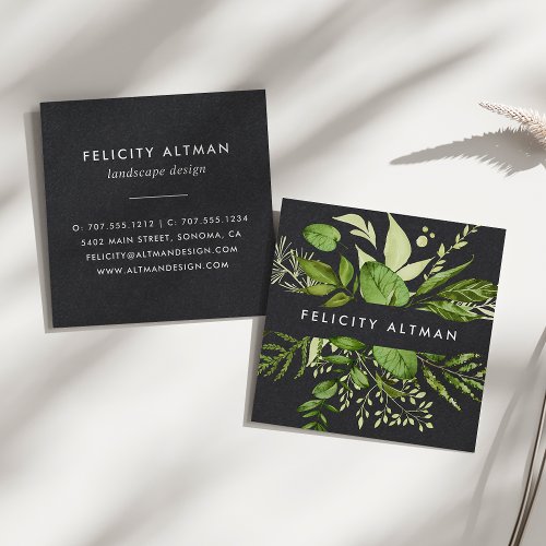 Wild Meadow  Black Botanical Square Business Card