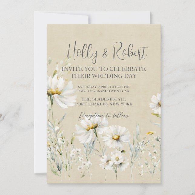 Wild Meadow Daisy Kraft Floral  Photo QR Code  Invitation (Front)