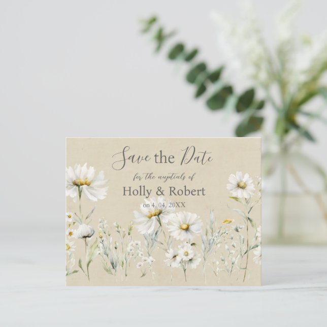 Wild Meadow Daisy Kraft Floral  Save the Date Postcard (Standing Front)