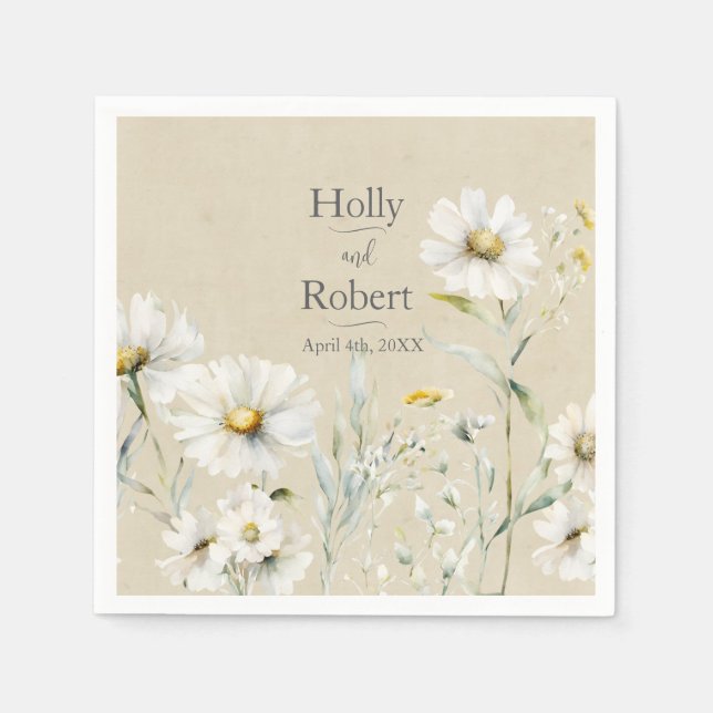 Wild Meadow Daisy Kraft Floral Wedding Napkins (Front)