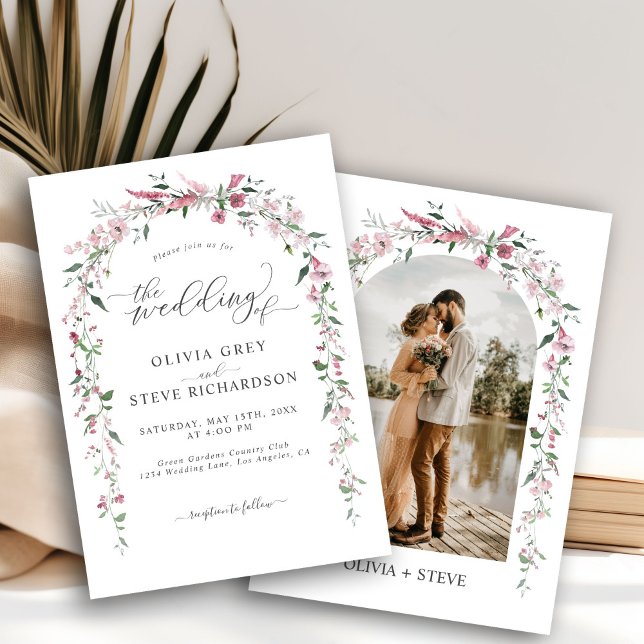Wild Meadow Dusty Pink Floral Arch Photo Wedding Invitation (Creator Uploaded)