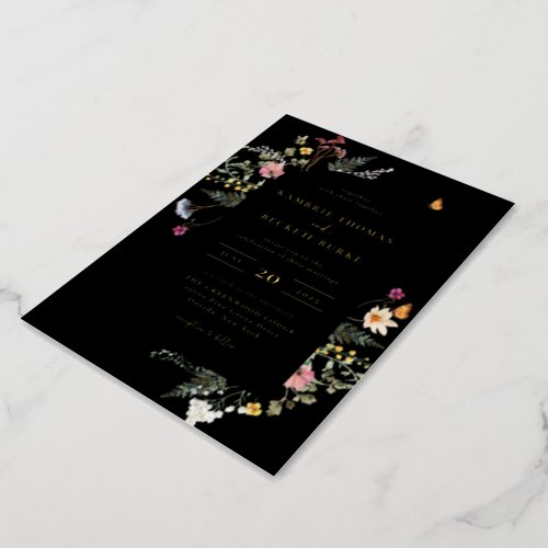 Wild Meadow Floral Arch Frame Black Wedding Foil Invitation