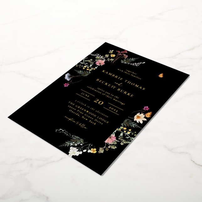 Wild Meadow Floral Arch Frame Black Wedding Foil Invitation (Rotated)