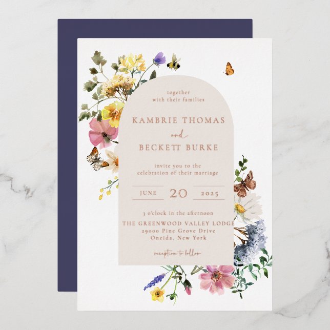 Wild Meadow Floral Arch Frame Wedding Foil Invitation (Front/Back)
