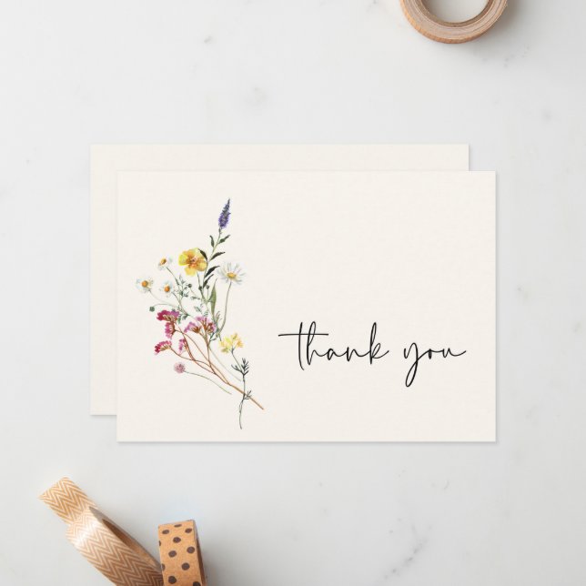 Wild Meadow Floral Bouquet Wedding Thank You Note Card (Front/Back In Situ)