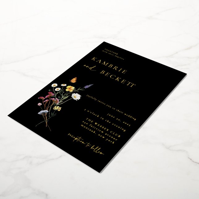 Wild Meadow Floral Wedding Black Foil Invitation (Rotated)