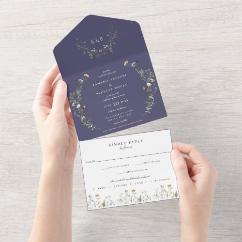 Wild Meadow Floral Wedding Navy Blue All In One Invitation